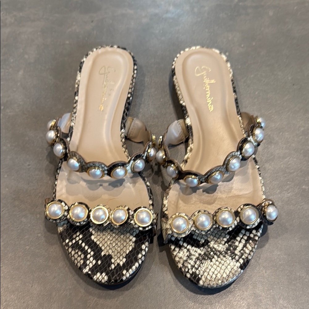 Black and Cream Snake Print Slide Sandals with Pearl Embellishments
